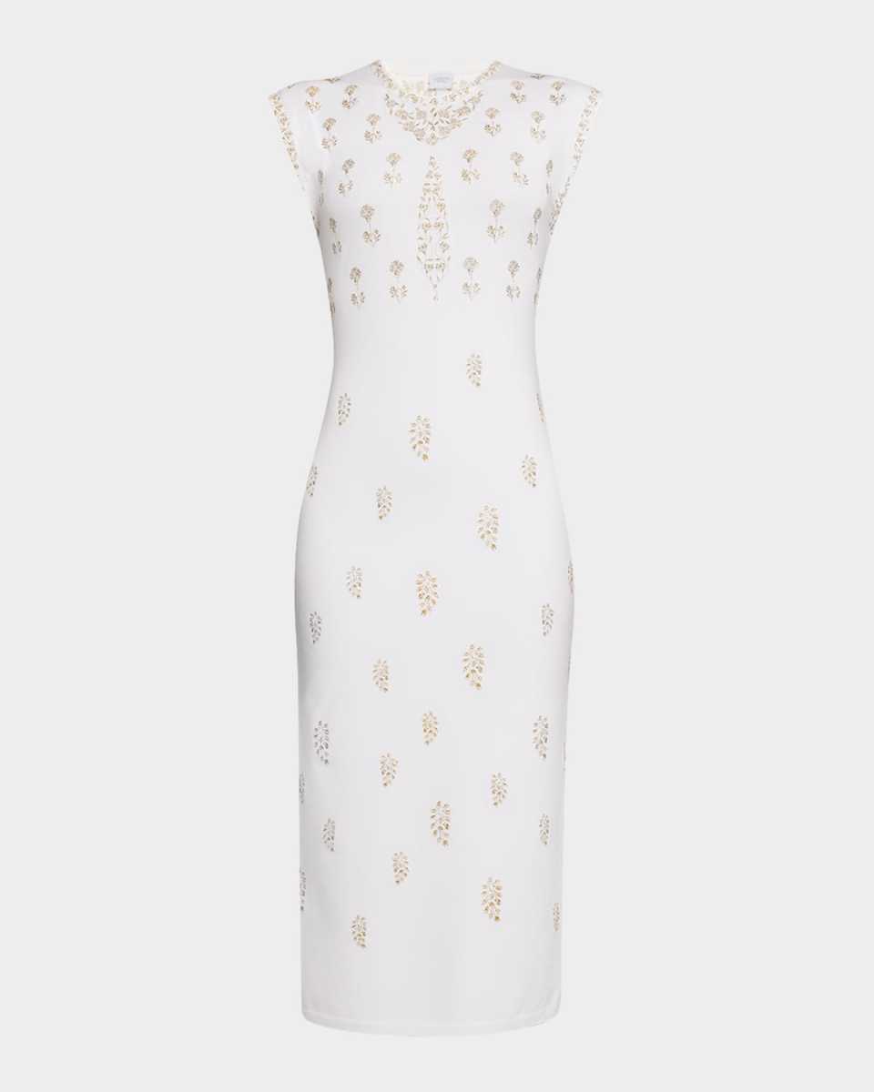 Embroidered Knit Sleeveless Midi Dress